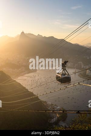 Rio de Janeiro, Brazil: Panoramic of Botafogo beach at sunset with the famous sugarloaf mountain and cable car in Rio de Janeiro, Brazil Stock Photo