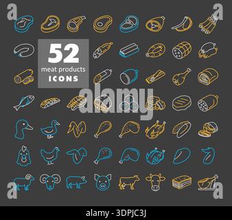 Large collection of 52 minimalistic flat line art on dark background icons representing various meat and poultry products, fish, and farm animals. Sui Stock Vector