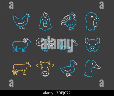 Collection of 12 minimalistic flat on dark background icons representing essential farm animals: chicken, turkey, ram, pig, cow, and duck. Ideal for a Stock Vector