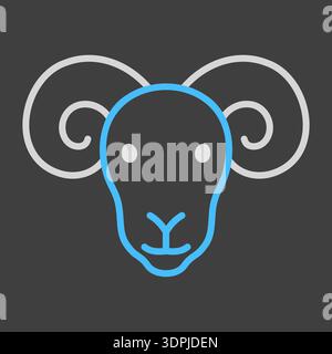Minimalistic flat line art illustration of a ram or sheep head with large coiled horns on dark background icon. Ideal for mascot, farm, or zodiac desi Stock Vector
