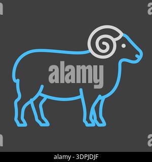 Minimalistic flat line art illustration of a white ram with horns on dark background icon. Ideal for livestock, farm, meat, or agricultural symbol des Stock Vector