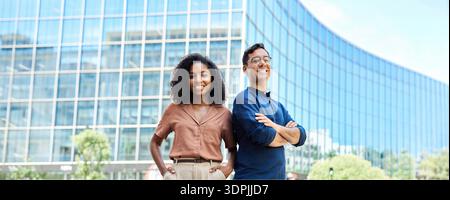 Young happy professional team of two diverse business man and woman, portrait. Stock Photo