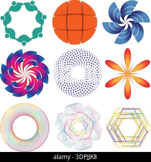 Set of Circular Radial Radiating Mandalas and Geometric Motifs Stock Vector