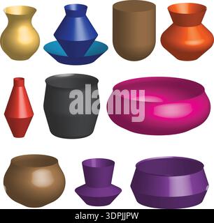 Vibrant 3D Rendered Vases and Bowls Set Stock Vector