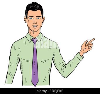 Confident businessman pointing aside as if explaining or presenting information isolated on light background business communication concept Stock Vector