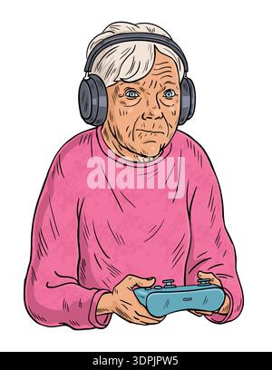 Senior woman wearing headphones playing video games with a controller. Elderly female gamer focused on gameplay. Concept of active aging, modern lifes Stock Vector