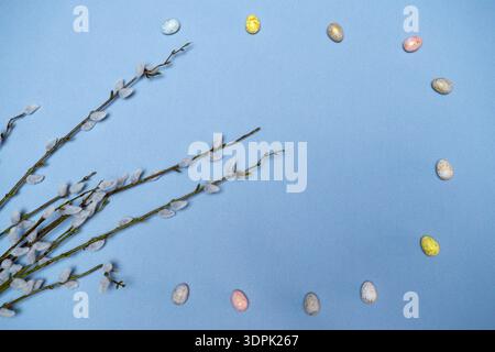DIY Easter Wreath Made Of Soft Pastel Eggs And Rustic Branches Stock Photo