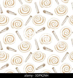 Cinnamon bun and cinnamon stick. Hand-drawn vector illustration. Sketch of a sweet pastry.  Stock Vector