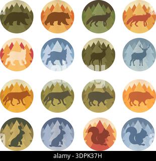 Round emblems with silhouettes of forest animals. Wildlife. Wild animals. Vector illustration Stock Vector