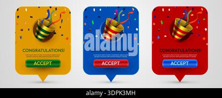 Colorful congratulations banners with exploding party popper and confetti. Ideal for success, achievement, or festive notifications. Vector illustration Stock Vector