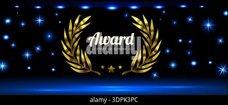 Elegant Golden Award Wreath on a Dark Background with Sparkling Blue Stars. Vector illustration. Stock Vector