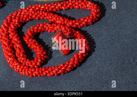 Jewelry red Coral Necklace and Ring set accessory Stock Photo - Alamy