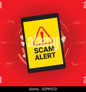 Tablet screen displaying bold scam alert symbol. Concept of digital fraud warning, cyber security protection, and safe online behavior. Stock Vector