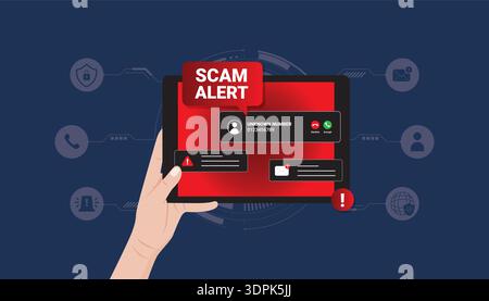 Hand holding tablet with scam alert notifications and caller warnings. Concept of fraud detection, phishing awareness, and data protection. Stock Vector