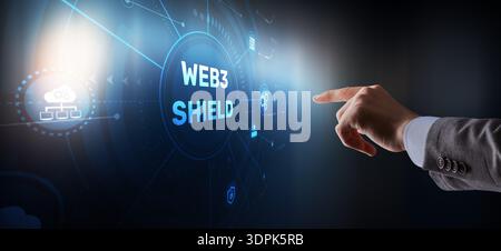 Web3 Shield, Cybersecurity, Advanced Web3 shield technology with blockchain protection protocols. Stock Photo