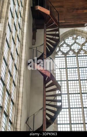 One of the two 25m high medieval wooden spiral staircases in the Oude Kerk, Amsterdam, the Netherlands Stock Photo