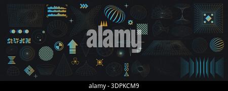Tech icons. 3D abstract gradient shapes. Futuristic wireframe wave or neon geometry grid. Perspective digital figures. Y2k forms. Graphic torus and outline cones. Vector line isolated elements set Stock Vector