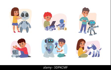 Kid robots. Computer technology invention, school child project with science toy, cute boy repair, future innovation development. Children education. Vector cartoon flat isolated illustration set Stock Vector