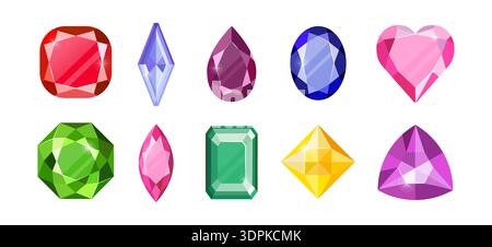 Gem stone. Game diamond, gold pearl heart gemstone or cute style ruby and sapphire. Fairytale jewelry tiara bright. Different forms and colors, luxury premium treasures. Vector isolated illustration Stock Vector