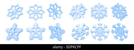 3d snow elements. Paper winter ornament, white xmas flake or origami ice cut different angles view. Light christmas holiday decoration. Snowfall cartoon render symbol. Vector isolated icons design Stock Vector