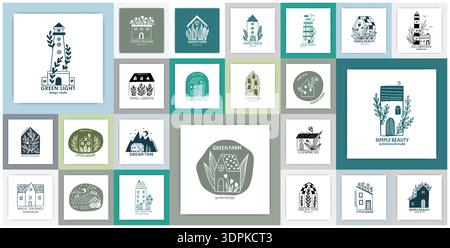 Hand drawn home logo. Lighthouse and cottage building. Green farm. Cozy house with tree leaves. Plant twigs. Small garden. Real estate. Simple architecture doodle flat sketch. Vector square cards set Stock Vector