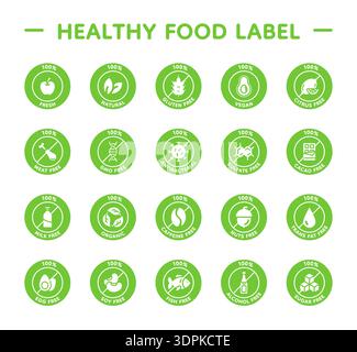 Vegan icons. Vegetarian gluten, lactose or sugar free stickers, from allergy to healthy food label. Safety standards, conveying ingredient exclusions soy, nut or egg. Vector illustration pictogram Stock Vector