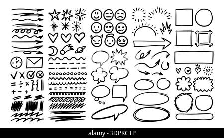 Hand drawn arrows. Line star sketch, pen check mark or marker frame sketches. Brush text bubble, speech or thinking cloud, pointer navigation, planner or infographic stickers. Vector doodle icons Stock Vector