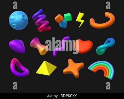 Abstract 3D elements. Y2k music shape, fun arrow flower and heart from glossy graphic plastic rainbow and spiral. Dynamic shapes geometry. Doodle inflated set. Minimal icons. Vector isolated objects Stock Vector