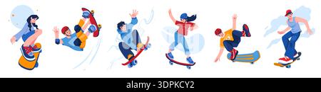 Skateboard kid. Skate boy, girl child. Skater in urban sport board park, jump, flips, and slides children characters. Cool youth people trick, street culture. Vector cartoon flat style illustration Stock Vector