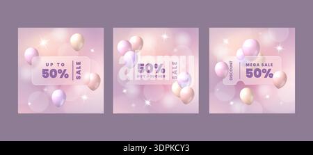 3D coupon. Glass label tag. Shiny gradient discount voucher. Gift ticket. Glossy hologram and pastel air balloons. Modern transparency sale icons. Bokeh light flash and sparkles. Vector banners set Stock Vector