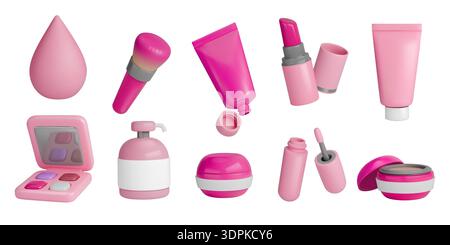 3d makeup icons. Beauty lipstick, skincare product as sponge brush and eyeshadow palette. Pump and jars for lotion and foundation, pink cream fashion glossy render. Vector cute isolated elements set Stock Vector
