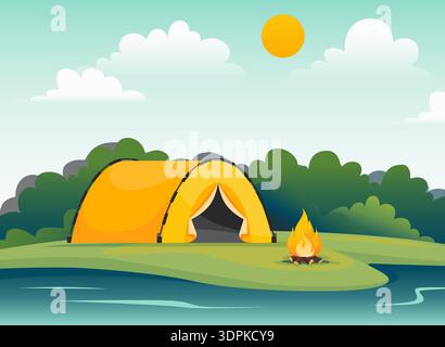 Tent near lake or river. Campfire on green meadow, outdoor recreation and relax, weekend travel and nature escape. Tourism in forest. Adventures vacation. Vector cartoon flat isolated illustration Stock Vector