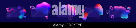 Glass morphism. Square credit card. 3D transparent blur screen or rectangle neon shape. Blank UI design. Glassmorphism frame. Glossy geometric figures. Amorphous blobs. Vector graphic elements set Stock Vector