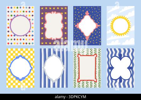 Cute frames. Scallop border shapes, kid wave pattern or retro doodle box, text arch. Y2k picture geometric bubbles. Vertical poster template for invitations, labels and packaging. Vector background Stock Vector