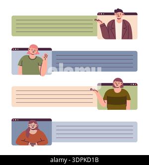 People calling. Message frames. Persons chatting. Friends communication. Man and woman avatar portraits. Computer online messenger for conversation. Remote talk. Digital technology. Vector concept Stock Vector