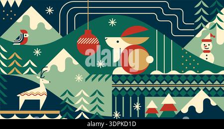 Christmas pattern. Happy Xmas festive poster. Folk modern Asian flat ornament. Gift card or graphic greeting postcard. Geometric mountains and winter fir trees. Forest wild animals. Vector background Stock Vector