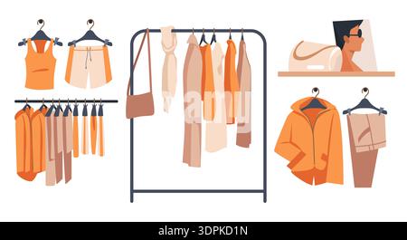Market sale. Shop hangers. Fashionable clothing. Garment garage selling. Flea bazaar. Secondhand trousers and skirts. Accessories shelf. Shopping racks. Trendy coat. Vector store isolated elements set Stock Vector