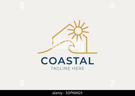 Coastal Seaside Living Logo Design with Sun Wave and Home Identity Concept Stock Vector