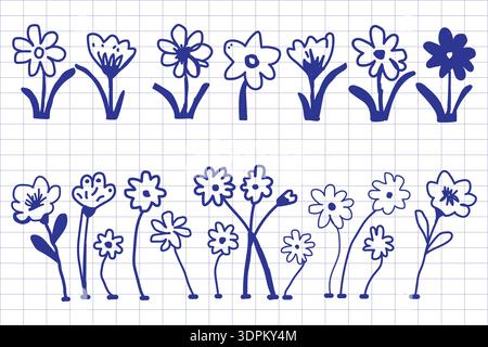 Hand-Drawn Doodle Flowers Illustration in Blue Ink on Grid Paper Background Featuring Cute Sketchy Floral Elements and Simple Decorative Line Art Stock Vector