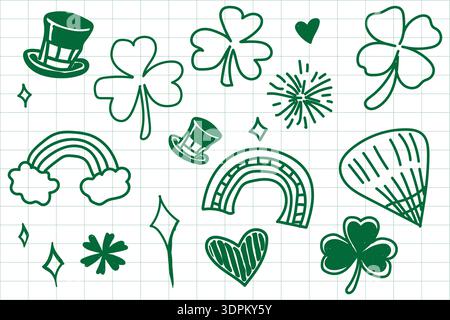 Hand-Drawn St. Patrick’s Day Doodle Icons Featuring Shamrocks, Leprechaun Hats, Rainbows, Hearts, and Festive Irish Symbols in Green Line Art on Grid Stock Vector