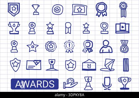 Hand-Drawn Awards Icons Set in Blue Ink on Grid Paper Featuring Trophies, Medals, Badges, Certificates, and Achievement Symbols in Sketch Style Stock Vector