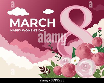 Elegant March 8 Happy Women’s Day Illustration with Pink Floral Bouquet, Feminine Symbolism, and Soft Pastel Clouds for International Women’s Day Stock Vector