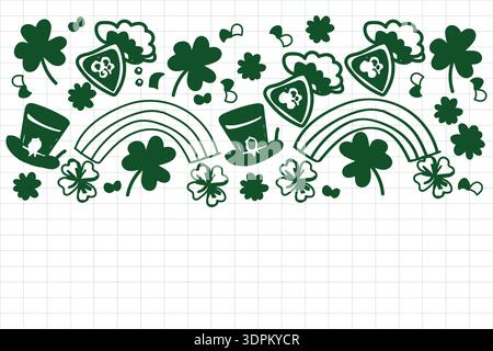 St. Patrick’s Day Festive Border Illustration Featuring Shamrocks, Leprechaun Hats, Rainbows, Clovers, and Irish Holiday Symbols in Playful Green Line Stock Vector