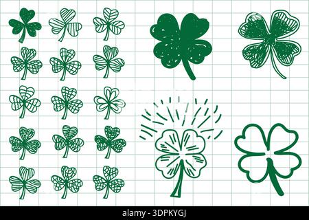 Hand-Drawn Shamrock and Clover Icons Set in Green Ink on Grid Paper Featuring Various Lucky Leaf Designs for St. Patrick’s Day and Irish Celebrations Stock Vector