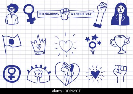 Hand-Drawn International Women’s Day Doodle Icons Featuring Feminist Symbols, Raised Fists, Empowering Women, Hearts, Crowns, and Equality Elements on Stock Vector