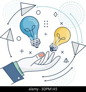 Illustration of hand and light bulb for marketing asset, abstract background , social media icons Stock Vector