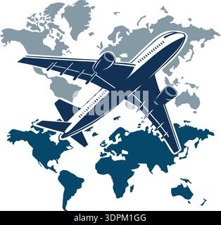 Commercial Airplane in Flight – Black and White Illustration Stock Vector