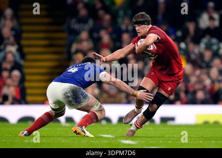 Alex Mann of Wales with the ball. Wales v France , 2026 Guinness Six ...