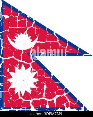 Illustration of the national flag of Nepal painted on a cracked wall. Grunge distressed style background with official Nepali unique double triangle s Stock Vector