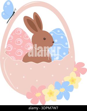 Easter Greeting Design element with chocolate bunny and decorated Easter Eggs in basket and nature. Isolated Vector illustration Sticker Easter Thematic Poster Media post or Promo banner, leaflet, tag Stock Vector